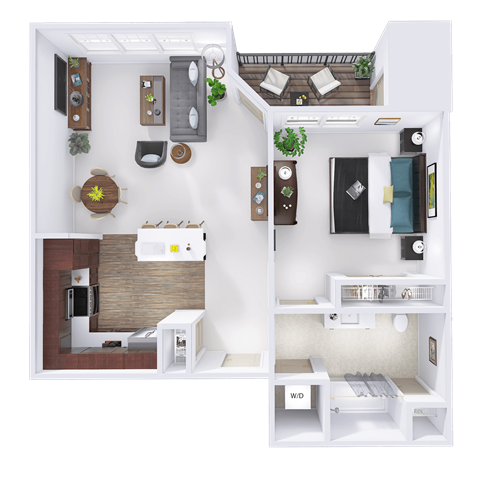 Floor plan for 1 bed, 1 bath, 731 sqft